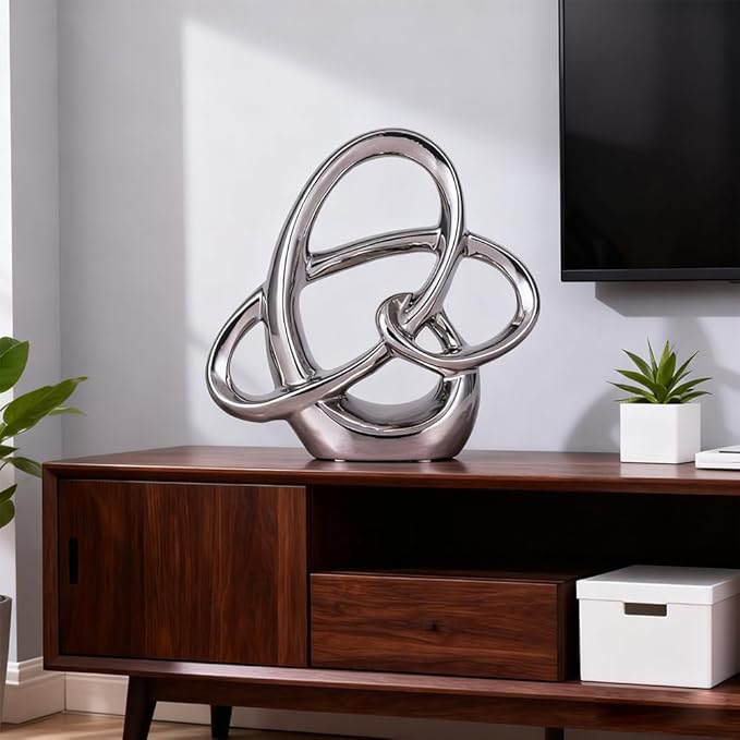 Modern Silver Ceramic Statue – 8.66in Abstract Art Sculpture for Dining Table Decorations, Home Decor Accents for Shelf, Mantel, Office or Living Room Centerpieces