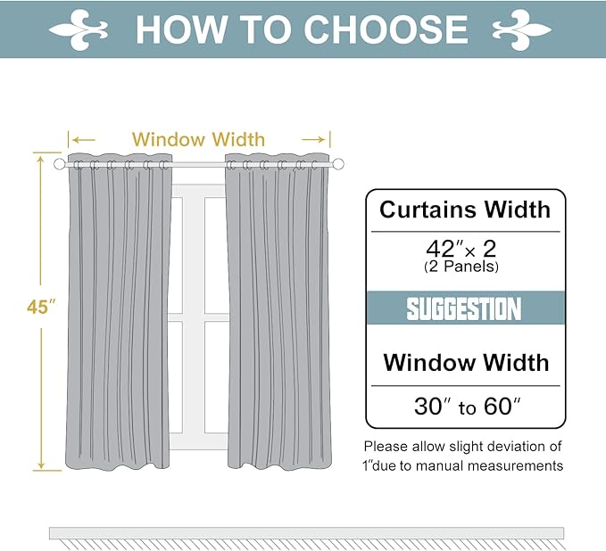 ChrisDowa 100% Blackout Curtains for Bedroom with Black Liner, 2 Thick Layers Total Blackout Thermal Insulated Grommet Small Window Curtains 2 Panels Set (Greyish White, 42 x 45 Inch)