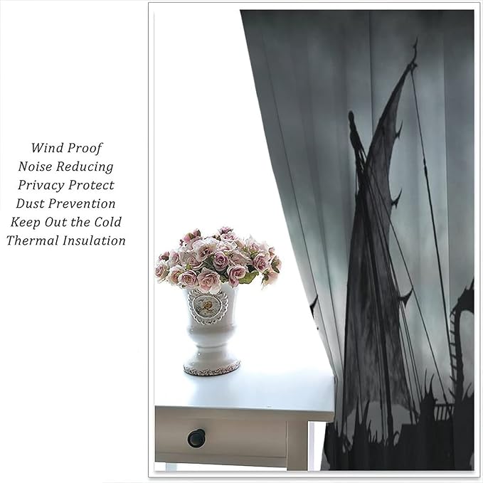 Viking Ship Blackout Curtains,Gloomy Misty Lake Landscape Fantasy Black White Color Sailing Dragon Boat Window Drapes for Boys Girls Bedroom Living Room,Norse Decor 63x72in