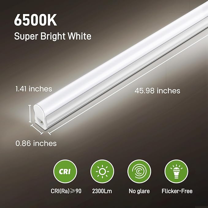 Pak 4FT LED Shop Lights, 2300LM 6500K Cool White, 20W Energy Efficient Linkable Ceiling and Under Cabinet Lighting, T5 Integrated Utility Fixture for Garage, Workshop, Basement, FCC Certified, 4 Pack