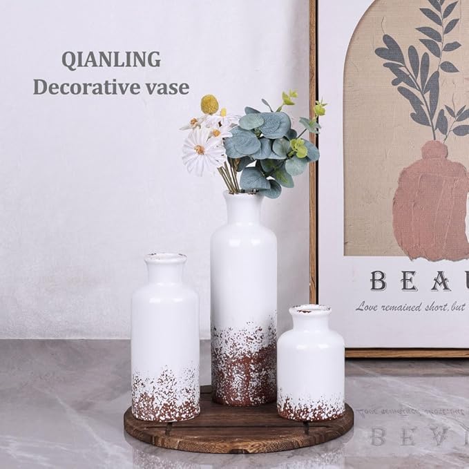 Gray Ceramic Vase Set - 3 Grey Small Vases, Farmhouse Country Flower Vase Home Decor, Living Room Decoration, Table Decoration, Fireplace Decor, and Entrance Decorations Centerpieces