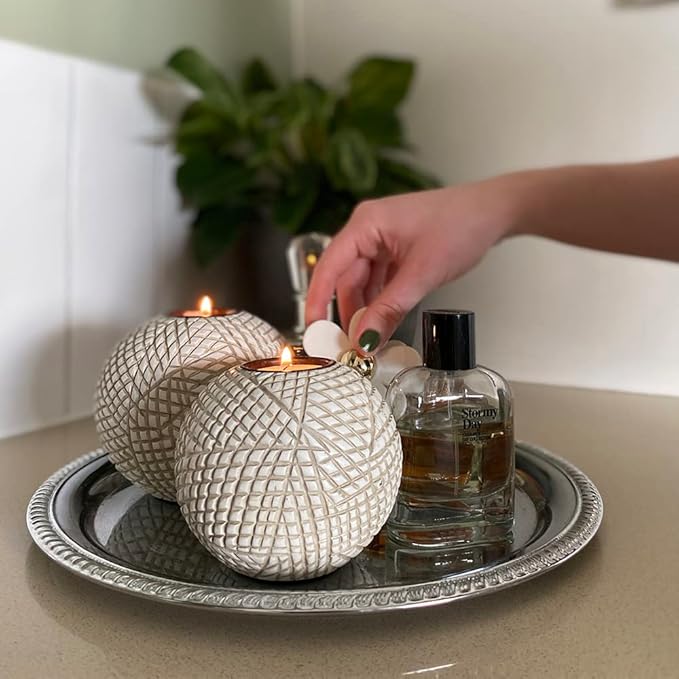 Luca Orb Tea Light Candle Holders (Gift Boxed Set of 2) Grid Pattern, Beige and White