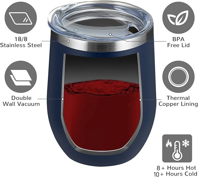 MEWAY 12oz/4 Pack Wine Tumbler Glasses with Lid - Stemless Double Wall Vacuum Stainless Steel Travel Tumbler - Keeping Cold & Hot for Wine,Coffee,Cocktails,Drinks-Family and Gifts (Navy,Set of 4)