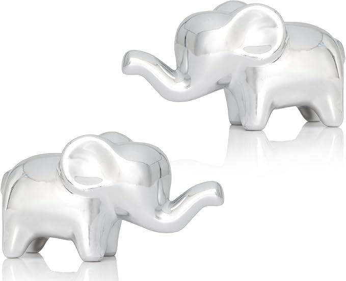 Small Elephant Statue Good Luck 2-Pack 4 inch Shiny Silver Accent Small Knick Knacks Gifts, for Home Office Shelf Desk Coffee Table Decoration