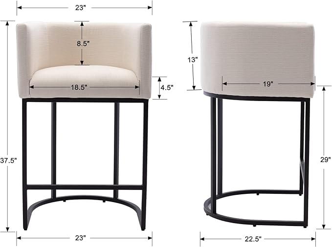 Modern Counter Height Linen Upholstered Bar Stools Set of 2, 29" Kitchen Counter Island Stools Bar Chairs with Black Metal Frame for Kitchen Island, Cream