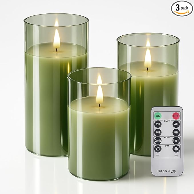 Tyawon Glass Battery Operated LED Flameless Candles with Remote and Timer, Real Wax Candles Warm Color Flickering Light for Festival Wedding Home Party Decor(Pack of 3)-Green