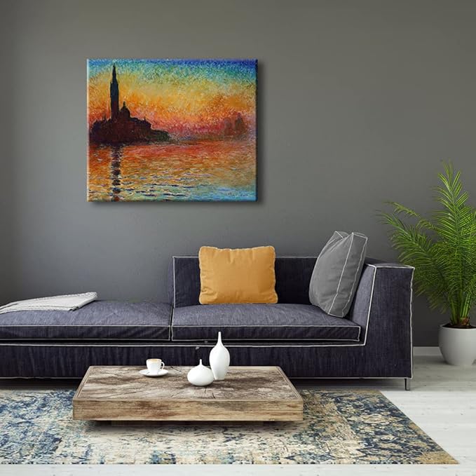 Wieco Art Dusk in Venice Canvas Prints Wall Art of Famous Oil Paintings by Claude Monet Stretched and Framed Giclee Classic Impressionist Art work Ready to Hang for Wall Decor Living Room Bedroom