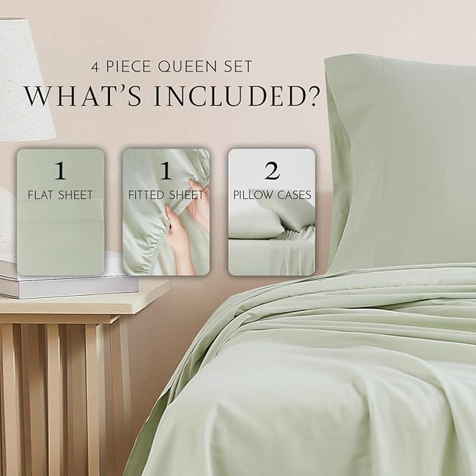 Linen Closet Organic 100% Cotton Queen Sheet 4 Pcs Set, 18” Deep Pocket, Light Green | Lightweight, Eco-Friendly Cotton, Percale Softness, Durable & Breathable, Naturally Cooling | All Season Comfort