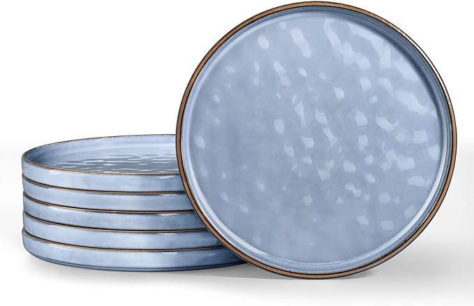 LIANYU 6PCS Ceramic Flat Dinner Plates Set, Porcelain Salad Appetizer Dishes with High Edge, 7.9” Dessert Plates Set, Microwave, Oven, dishwasher Safe, Chip & Scratch Resistant, Serenity Blue