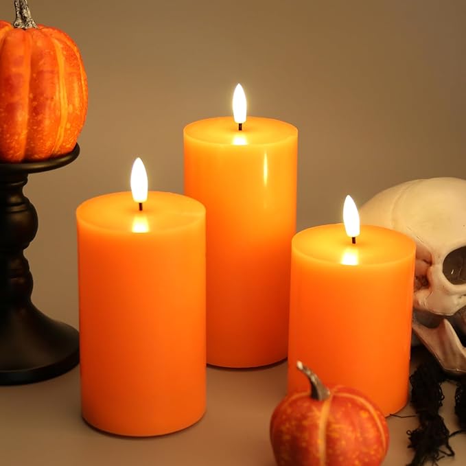 Eywamage Orange Halloween Flameless Pillar Candles with Remote, Real Wax Flickering Fall LED Candles Battery Operated Set of 3
