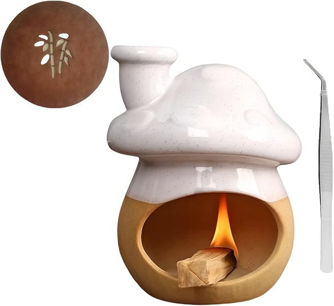 Mushroom Incense Holder, Ceramic Palo Santo Holder Burner & Sage Holder - Mini Tabletop Chiminea Burner Tray with Ash Catcher, Cute Mushroom Decorations for Spiritual Meditation & Yoga