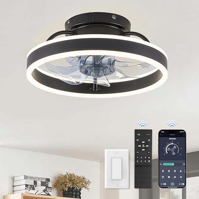 ZMISHIBO Low Profile Ceiling Fans with Lights and Remote, 13 Inch Fandelier Ceiling Fan with Light, Black Modern Flush Mount Ceiling Fan, Small Dimmable LED Fan Lights for Bedroom