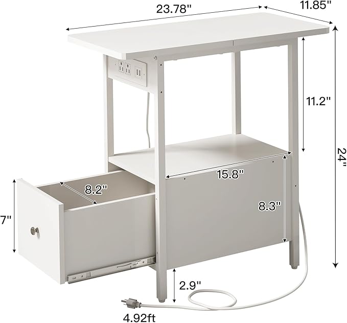 LIDYUK End Table with Charging Station, Narrow Side Table with Drawer and USB Ports & Power Outlets, Nightstand Bedside Tables for Small Spaces, Bedroom, Living Room, White