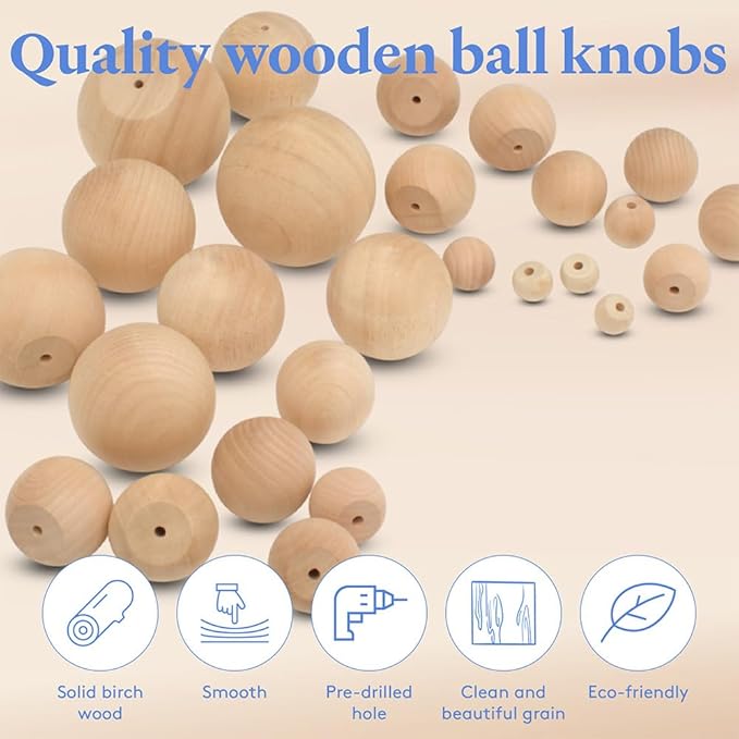 Wood Knobs, 1.5 Inch Round Natural Wood Drawer Pulls, Pack of 12 Unfinished Wooden Drawer Knobs, Ball Shaped Wood Cabinet Knobs, Nursery Dresser Knobs, Wood Door Knobs and Crafts