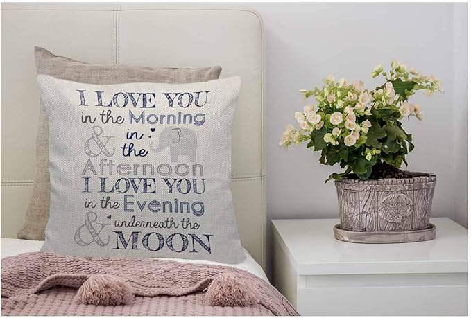 WONDERTIFY Pillow Cover I Love You in The Morning Afternoon Evening with Elephant Letter - Soft Linen Pillow Case for Decorative Bedroom/Livingroom/Sofa/Car - Cushion Covers 18x18 Inch