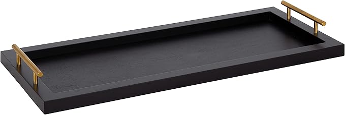 Kate and Laurel Halsey Narrow Rectangle Decorative Wooden Tray with Polished Metal Handles; 24 x 10; Black and Gold; Modern Glam Wood Rectangular Serving Tray for Display or Decoration