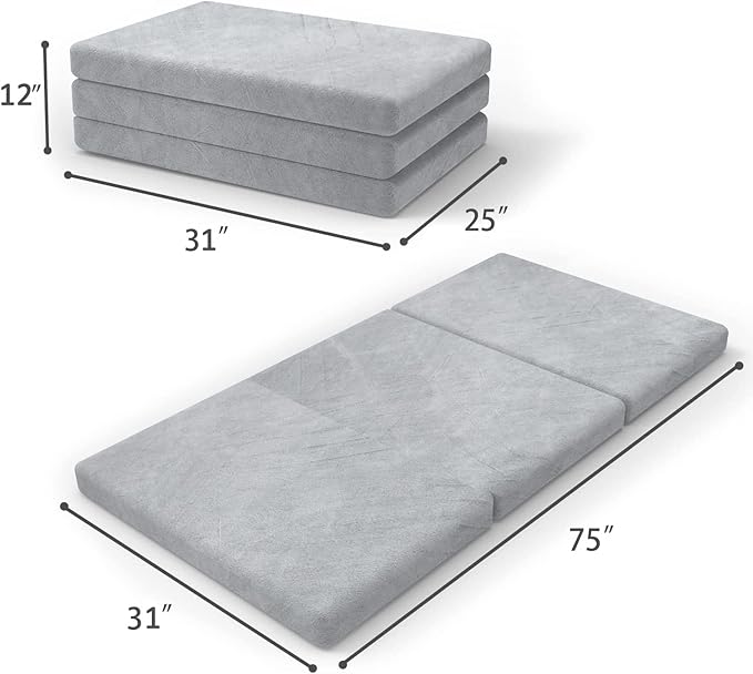 SINWEEK Tri Folding Mattress with Storage Bag 4" Foldable Mattress Foam Topper Floor Cot Mattress, Guset Bed with Machine Washable Cover and Waterproof Lining, CertiPUR-US Certified 31 x 75 Inch
