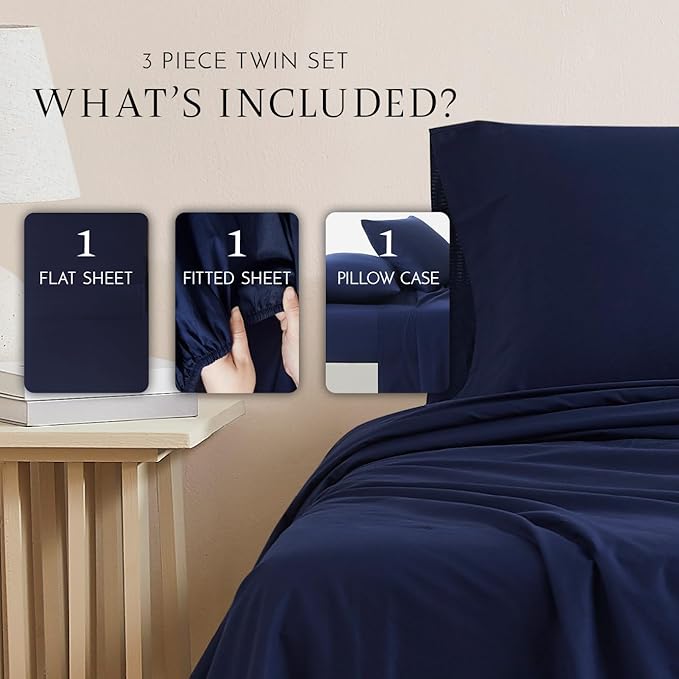 Linen Closet 100% Organic Cotton Twin Sheet 3 Pcs Set, Cotton Sheets with 16” Deep Pocket, Navy | Bed Sheets for College Dorm Essential, Crisp & Breathable, Percale, Comfy, Naturally Cooling