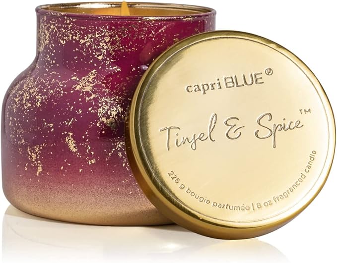Capri Blue Glimmer Jar Candles - Luxury Holiday Scented Candles for Home - Long Lasting Soy Wax Blend - Scented Holiday & Home Decor - Tinsel & Spice Signature Petite Jar (8 oz)
