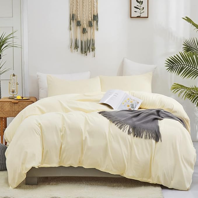 KAREVER Light Yellow Comforter Set Queen Off White Bedding Set Men Beige Breathable Ivory Bedding Set Women Soft Off White Queen Ivory Bedding Comforter Set Queen