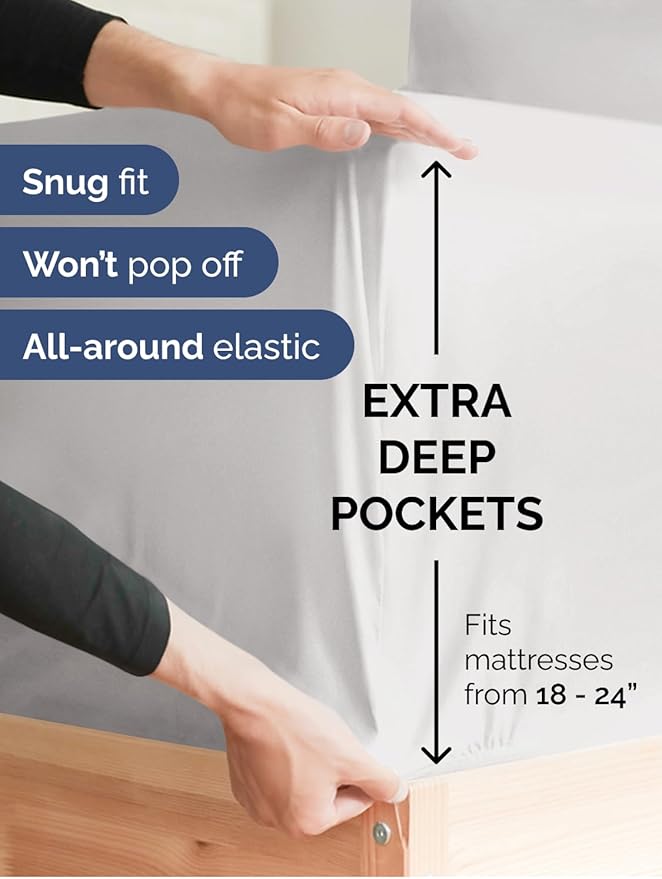 Extra Deep Queen Sheet Set - 6 Piece Breathable and Cooling Sheets - Hotel Luxury Bed Sheets Set - Easy Fit - Soft, Wrinkle Free and Comfy Sheets Set - French Grey Sheet Set with Extra Deep Pockets