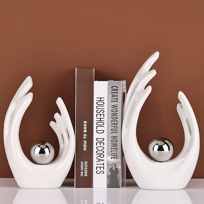 9.5" H White Silver Aesthetic Room Decor Accent, TV Stand Funky Table Centerpiece, Abstract Art Ceramic Statue and Sculpture, Silver Decor for Living Room, Bookshelf Decorative Objects, Shelf Decor