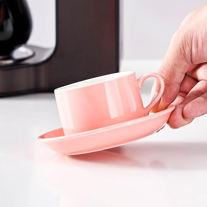 2.5oz Porcelain Stackable Espresso Cups with Saucers and Metal Stand Set of 4, Stackable Cappuccino Cups, Pink Expresso Shots Cup Set for Coffee Drinks, Latte, Tea