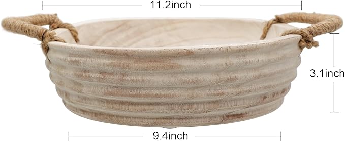Wooden Decorative Bowls, 11.2 Inch Premium Round Serving Bowl with Rope Handles for Home Decor, Round Paulownia Wood Centerpiece Bowl for Coffee Table(Natural)