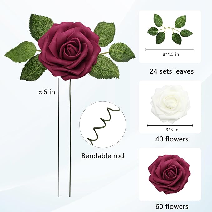 Artificial Flowers Realistic White & Wine Red Roses, Real Looking Fake Roses with Stem for DIY Wedding Bouquets Centerpieces Bridal Shower Party Home Romantic Decorations (White & Wine Red, 100pcs)