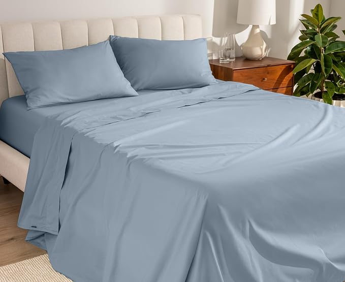 Bare Home 100% Organic Cotton Queen Sheet Set - Crisp Percale Weave - Lightweight & Breathable - Bedding Sheets & Pillowcases (Queen, Dusty Blue)
