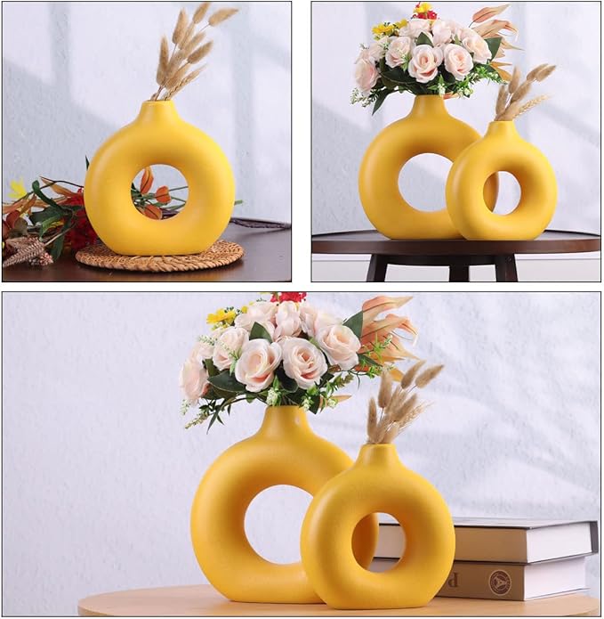 Yellow Ceramic Vase Set of 2 - Yellow Vase for Home Decor, Round Boho Vases for Pampas Grass and Flowers Decor, Modern Living Room, Bedroom, Fireplace, Farmhouse, and Centerpieces