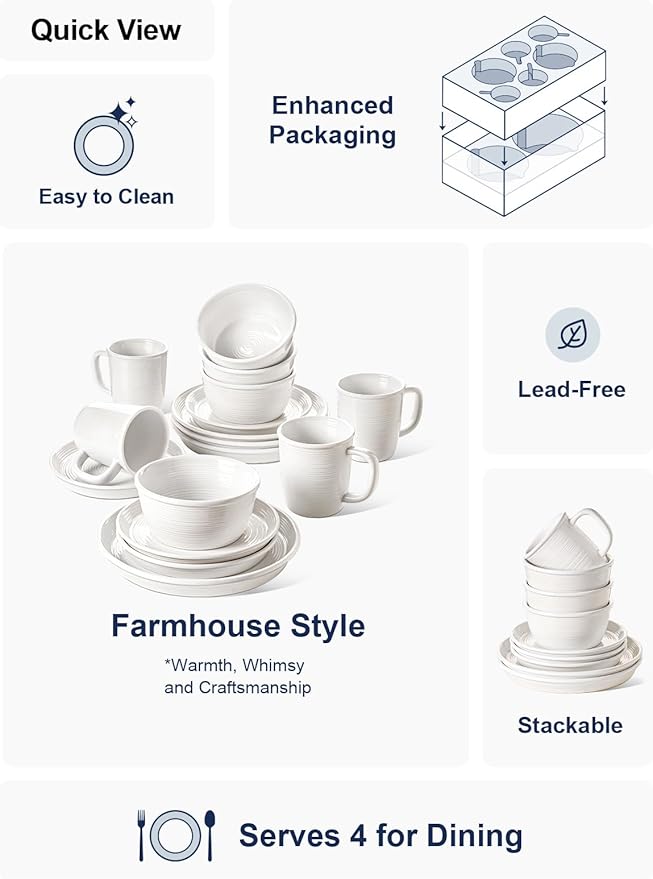 LE TAUCI 16-Piece Ceramic Cups and Plates sets for Kitchen, Service for 4 – White Farmhouse Deeper Plates & Bowls (10" Dinner, 8" Salad, 6" Bowls, 18 oz Mugs), Stackable, Chip Resistant Stoneware