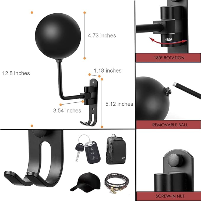 SANGMO 180°Motorcycle Helmet Rack, Rotation Metal Helmet Holder Wall Mounted Helmet Rack Motorcycle with 2 Hooks Helmet Hanger for Motorcycle Bike Coats, Caps, Baseballs, Rugby Helmet (1 pcs)