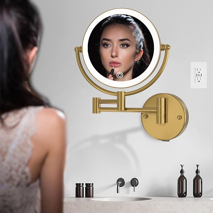 8” Wall Mounted Makeup Mirror 1X/10X Magnification, Rechargeable 2 Sided Touch Dimming with LED Lights 360 Swivel Extendable Arm Shaving Mirror, Brushed Moderne Brass