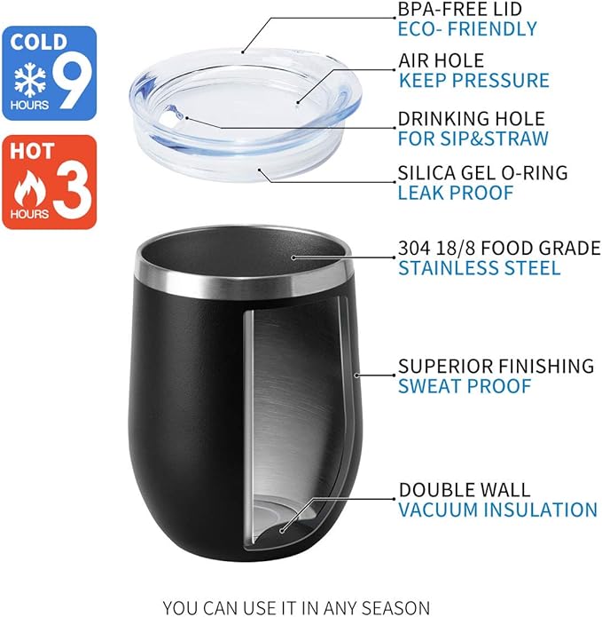 HASLE OUTFITTERS 12oz Wine Tumbler with Lid Stemless Wine Glasses Double Wall Vacuum Travel Mugs stainless steel Coffee Cup for Cold & Hot Drinks Wine Coffee Cocktails Beer 6 Pack Black