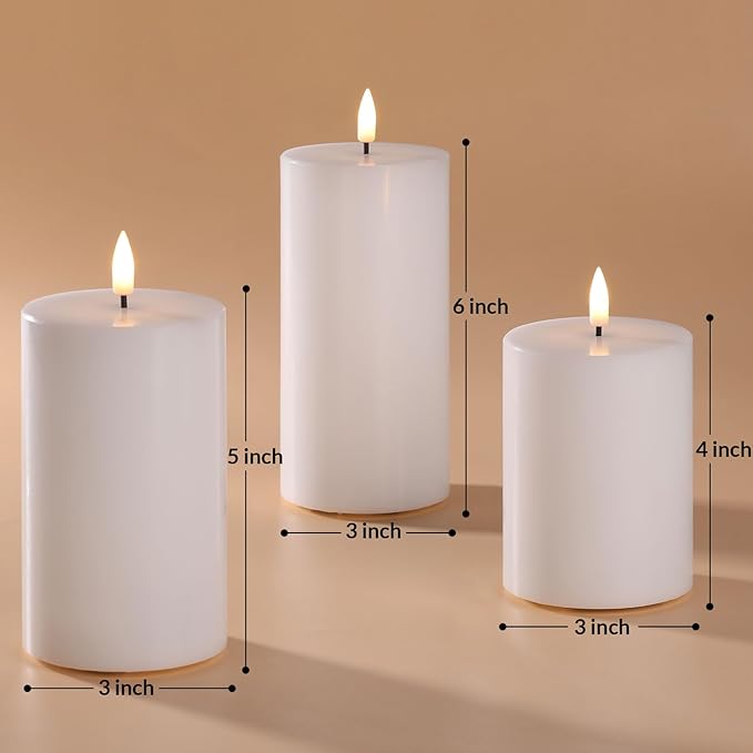 Eywamage White Real Wax Flameless Pillar Candles with Remote, Flickering Flat Top LED Battery Candles Set of 3