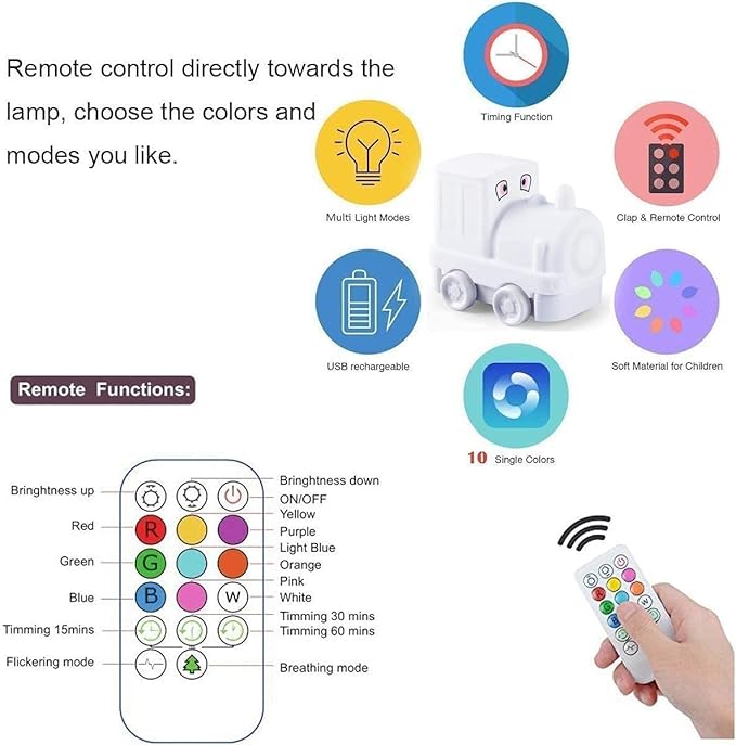 Kids Night Light, USB Rechargeable, 9 Color-Changing, Eye-Caring, Remote & Touch Control, Adjustable Brightness, Girl & Boy Gift - Train