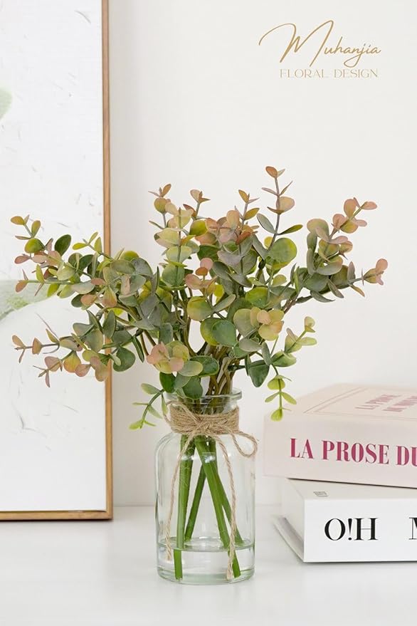Artificial Eucalyptus Stems in Glass Vase with Faux Water,6Pcs Grey-Orange Fake Plant for Centerpiece (Grey-Orange Eucalyptus)