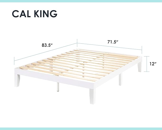 Mellow Naturalista Classic 12 Inch Solid Wood Platform Bed with Wooden Slats, Cal King, Whit