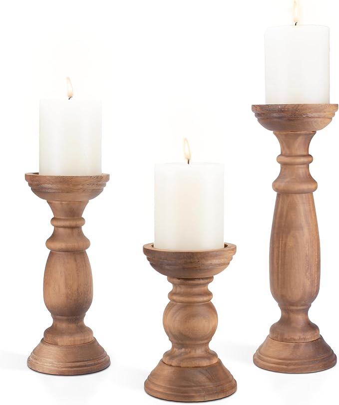 Rustic Wooden Pillar Candle Holders Set of 3, 12'' 9'' 6'' Farmhouse Wood Candle Stand for Table Centerpieces, Vintage Tall Candleholders Fireplace Mantel Decor for Living Room, Brown