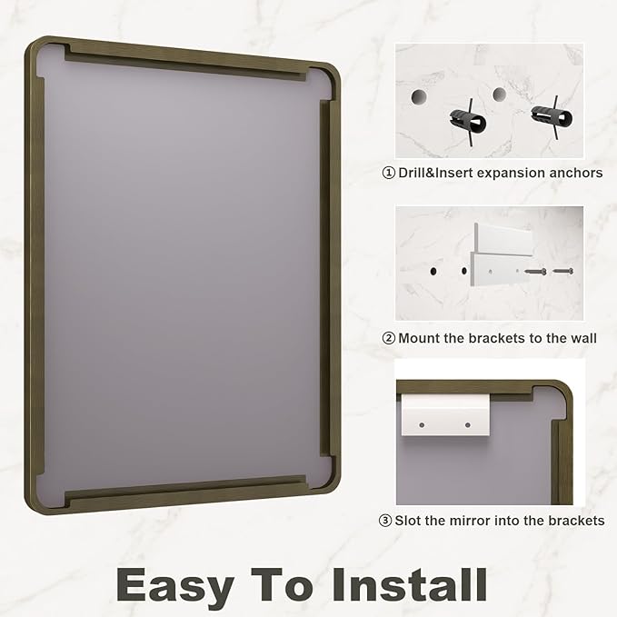 36x36 Inch Bronze Framed Bathroom Mirror, Rectangle Brushed Bronze Metal Vanity Mirror, Square Modern Wall Mirror, Rounded Corner, Tempered Glass, Anti-Rust, Shatterproof (Horizontal/Vertical)