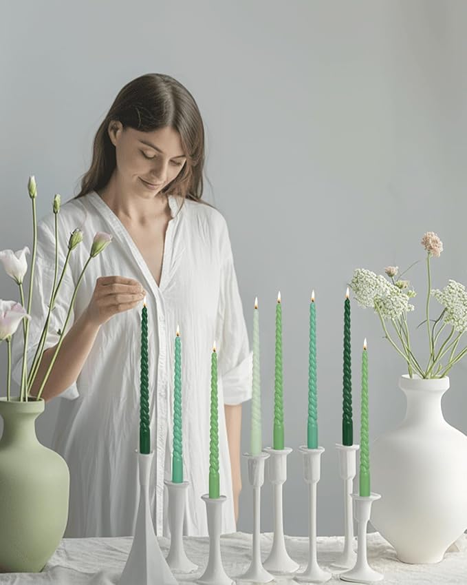 Candlestick Green Taper Candles 12 inch Unscented Smokeless Long Tall Tapered Candle for Candlesticks Sticks Wedding Advent Home Decor Dinner Christmas，Set of 12,Sprial
