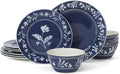 Martha Stewart Maiden Crown 12-Piece Sky Blue Dinnerware Set – Vegan Bone China Ceramic Plates & Bowls – Floral Design – Service for 4 – Microwave & Dishwasher Safe