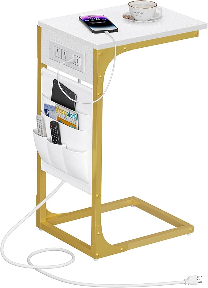 TUTOTAK C Shaped End Table with Charging Station, Side Table for Sofa, Couch Table with Storage Bag, TV Tray Table with 2 USB Ports and Outlets for Living Room, Bedroom, White and Gold TB01BWG024