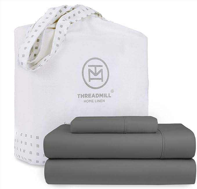 Threadmill Cotton Twin XL Sheet Set | 100% Cotton Sheets for Twin XL Size Bed | Solid Sateen Twin XL Bed Sheets Set with 16” Deep Pocket | Soft Breathable 3-Piece Cooling Sheet Set | Dark Grey