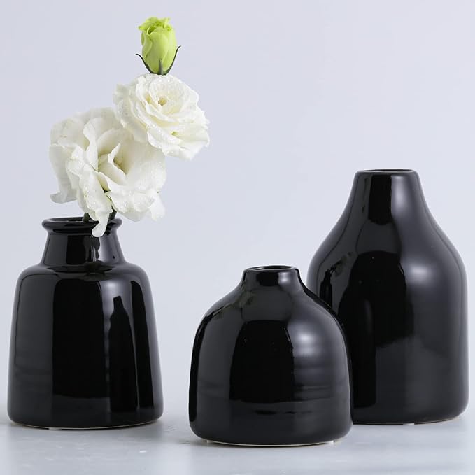 Black Small Vase Set of 3 for Modern Home Decor,Ceramic Vases for Centerpieces Flower Vases for Living Room Wedding/Dinner Table/Party-Black