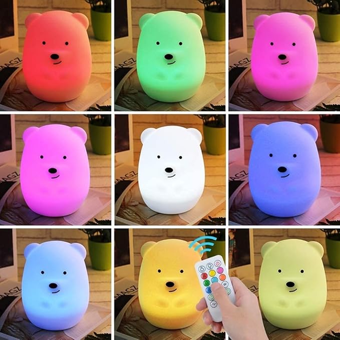 Night Light for Kids, Bedside Lamp for Children/Adults, Multicolor Light with Remote Control, Break Resistant, Eye Caring, Big Size, Adjustable Brightness & Color, Timing function - Large Bear