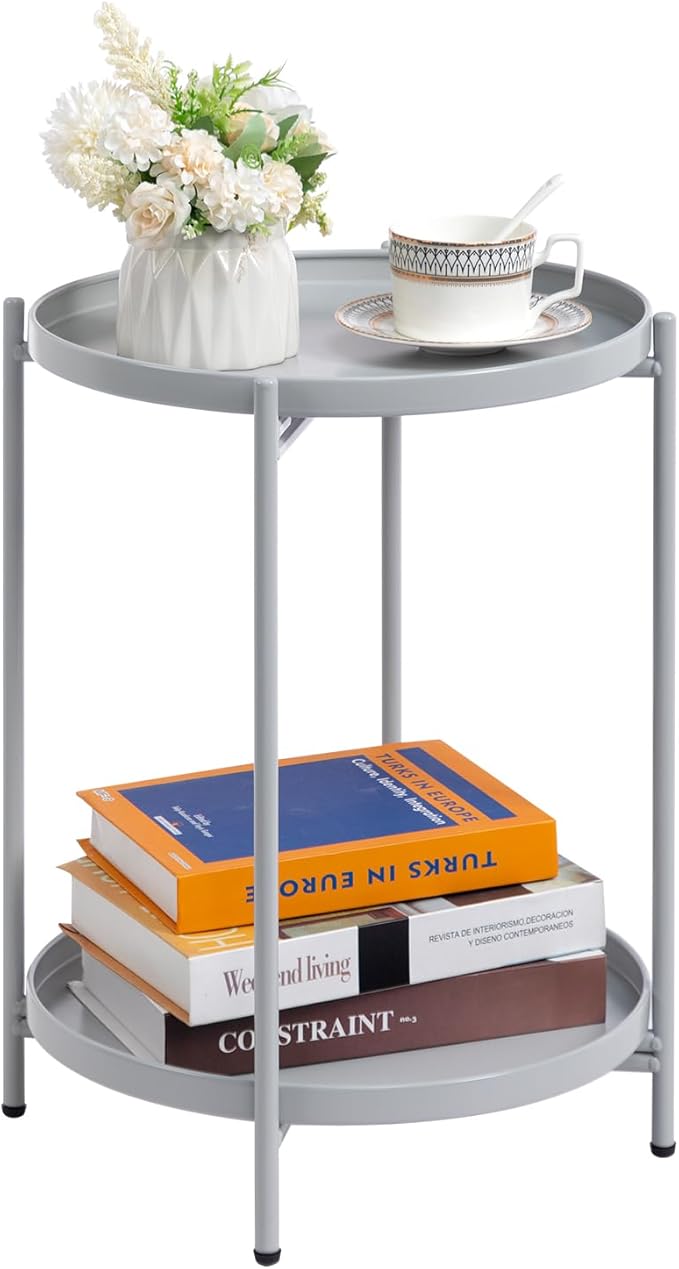 HollyHOME 2-Tier Round Side Table, Outdoor Small Folding Accent Stand with Removable Tray, Anti-Rust Metal Asional Table for Balcony Patio Living Room, Nightstand for Bedroom(Grey)