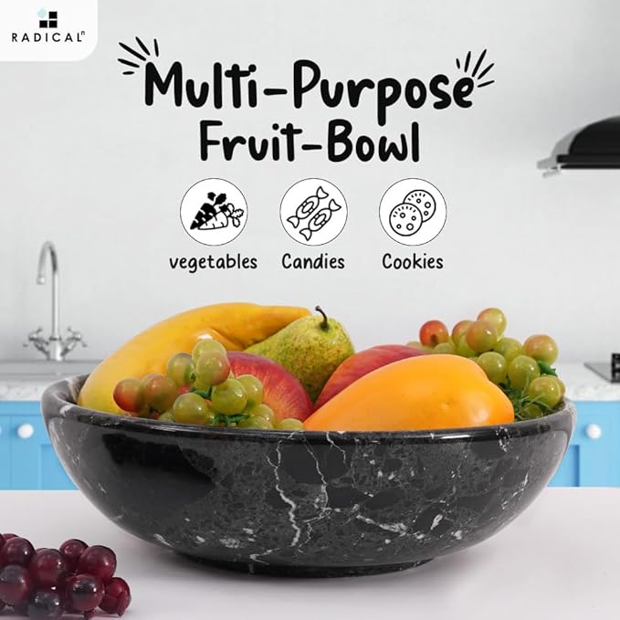 Radicaln Marble Fruit Bowl 10" Inches Black Handmade Decorative Bowl, Fruit Basket for Kitchen Counter, Dining Table Centerpiece, Home Décor Accent, Modern Bowl for Candy, Keys, or Fruits