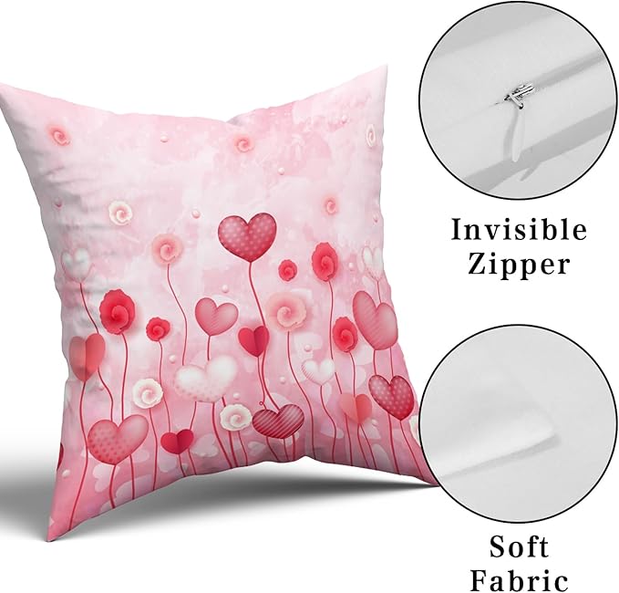Giwawa Love Hearts Pillow Cover Set of 2 Red Pink Dots Heart Floral Cushion Covers Valentines Day Decorative Square Cotton Throw Pillowcases 16x16 Inches for Couch Sofa Bedding Wedding Holiday